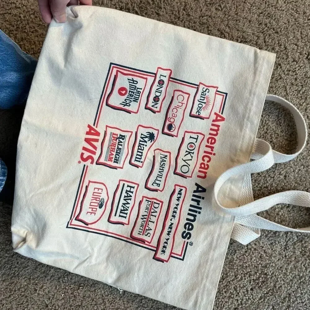 VTG 80s 90s American Airlines x Avis Canvas Travel Tote Bag Double Sided